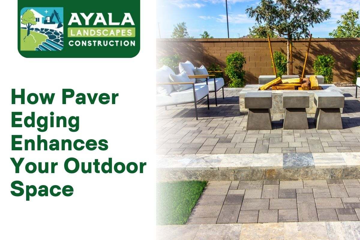 Natural stone paver edging surrounding a rustic patio.