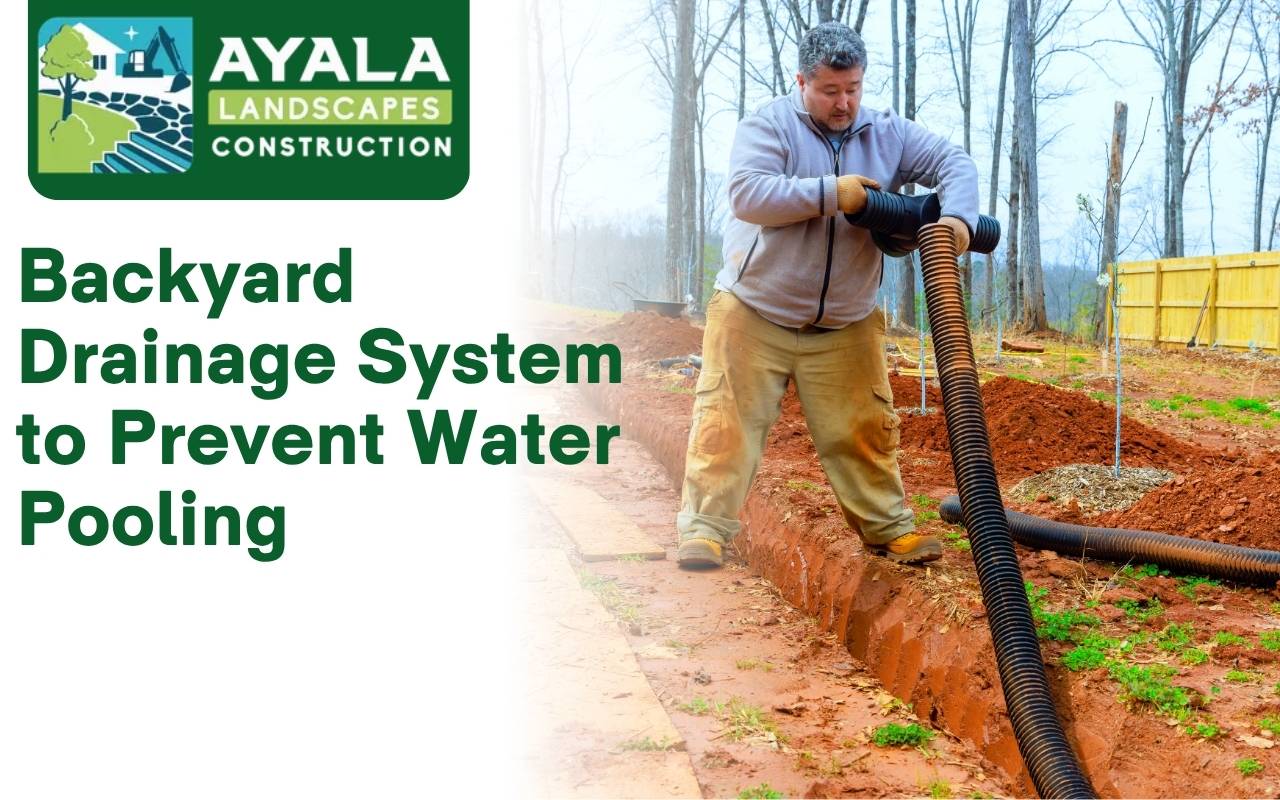 Side-by-side photo showing backyard before and after drainage system installation