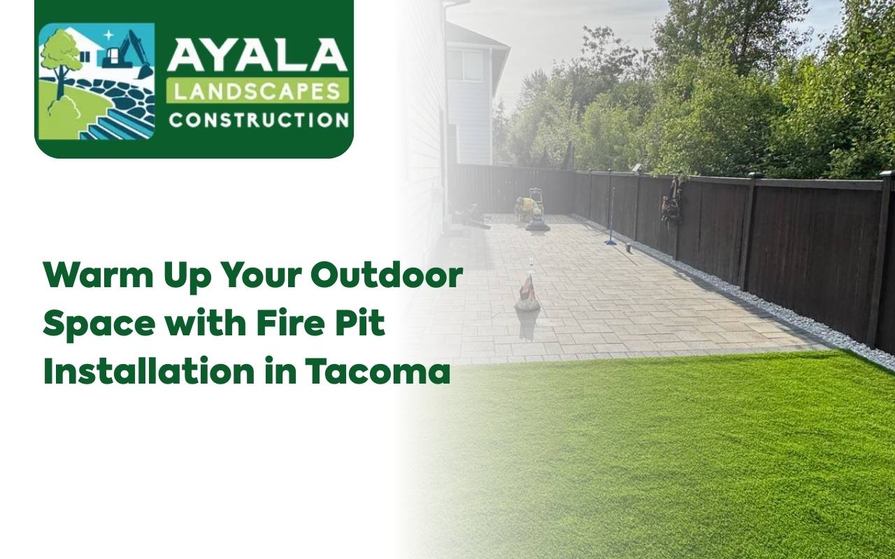 Fire Pit Installation in Tacoma creating a cozy backyard gathering area at sunset
