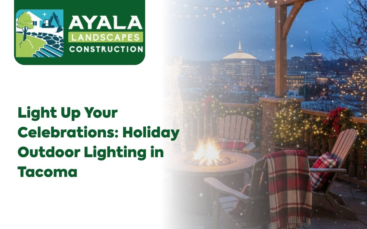 Front yard with Holiday Outdoor Lighting in Tacoma highlighting roofline, trees, and walkway.