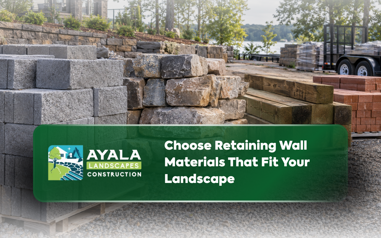 Concrete block, natural stone, timber, and brick retaining wall materials