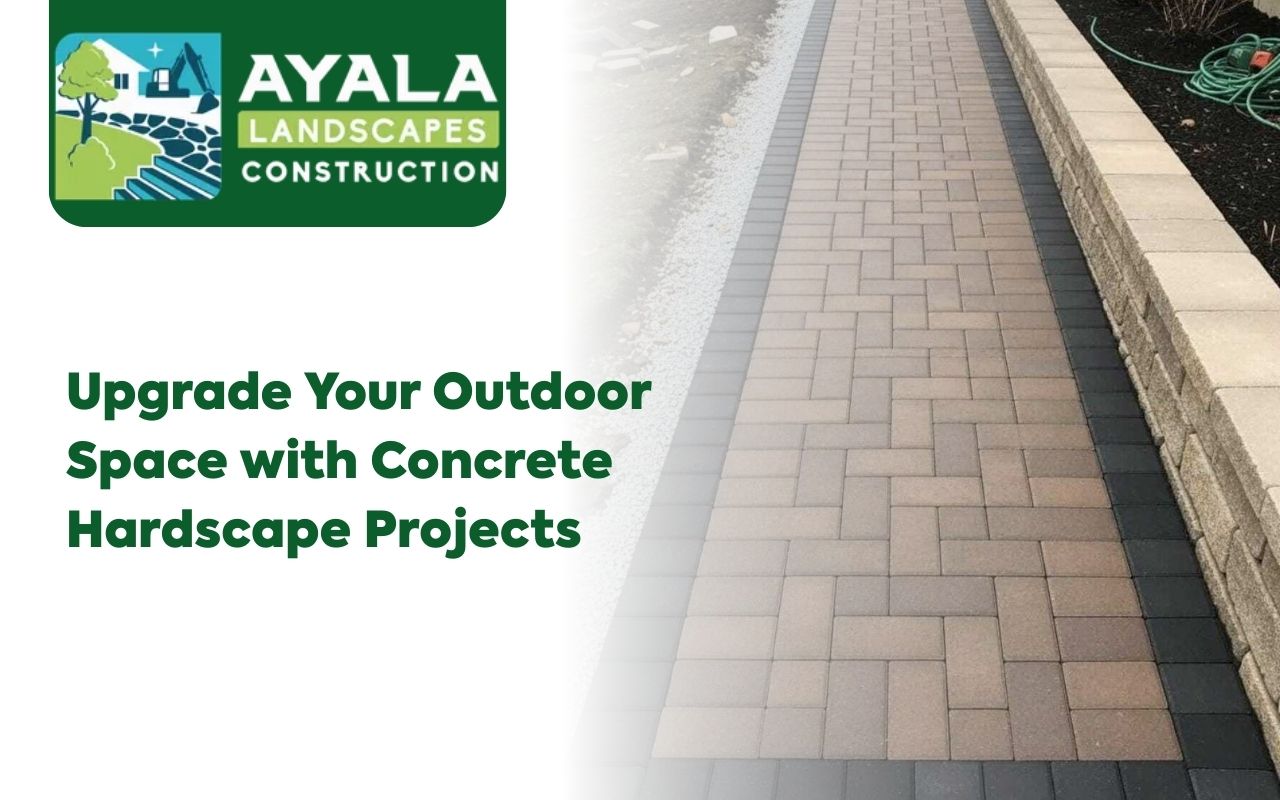 Concrete hardscape projects upgrading a backyard with patio and walkway