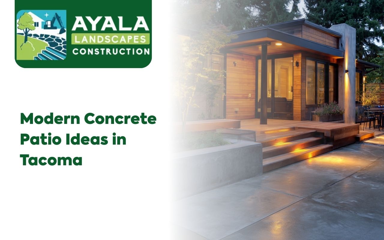 modern concrete patio ideas in Tacoma with clean lines and outdoor seating