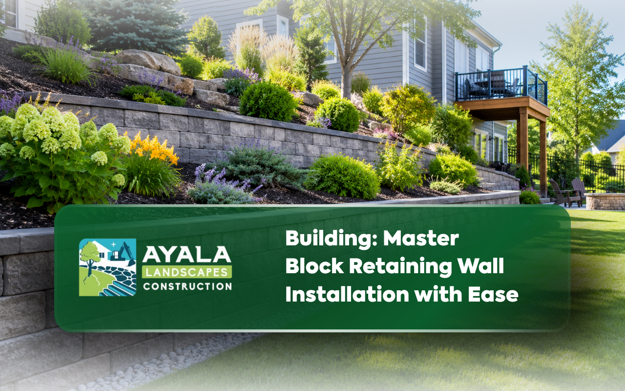 Block retaining wall installation for a sloped residential yard